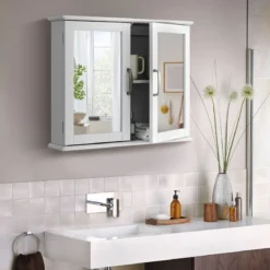 Badschrank mit Doppelten Spiegeltüren & 2 Regalen 60 x 50 x 14,5 cm Weiß