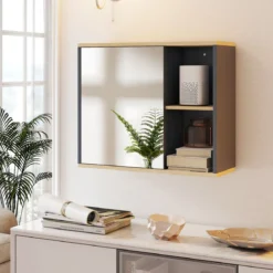 Badschrank mit Spiegel & Verstellbarem Regal & Seitenfächer Wandmontierter Badezimmerschrank