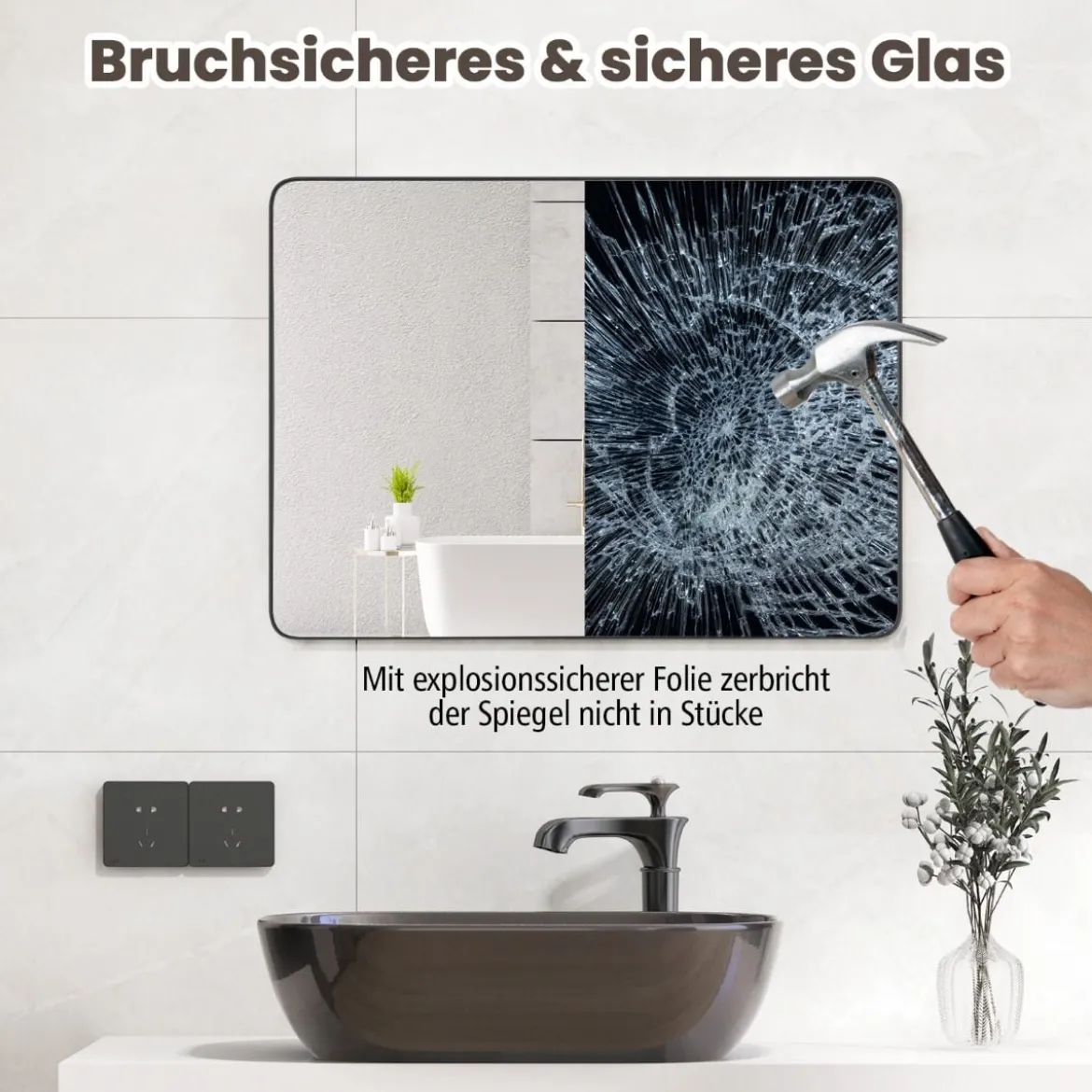 Badspiegel Hängespiegel explosionsgeschützter Wandspiegel Kosmetikspiegel für Bad 76,5 x 56 x 3 cm Silber