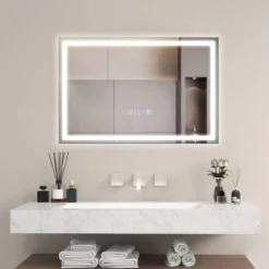 Badspiegel mit Anti-Beschlage Uhr Touchschalter & Memory-Funktion Spiegelheizung LED Spiegel dimmbar Badezimmerspiegel 3000K-6000K 60 x 40 cm