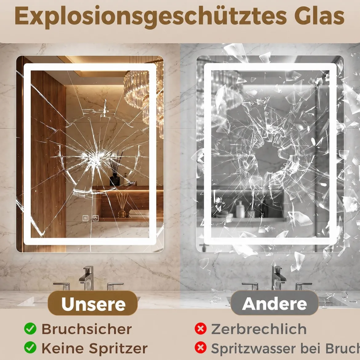 Badspiegel mit Beleuchtung LED-Spiegel mit 3 Lichtfarben & Entnebelungsfunktion 70 x 50 cm Schwarz