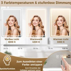 Badspiegel mit Beleuchtung LED-Spiegel mit 3 Lichtfarben & Entnebelungsfunktion 70 x 50 cm Schwarz