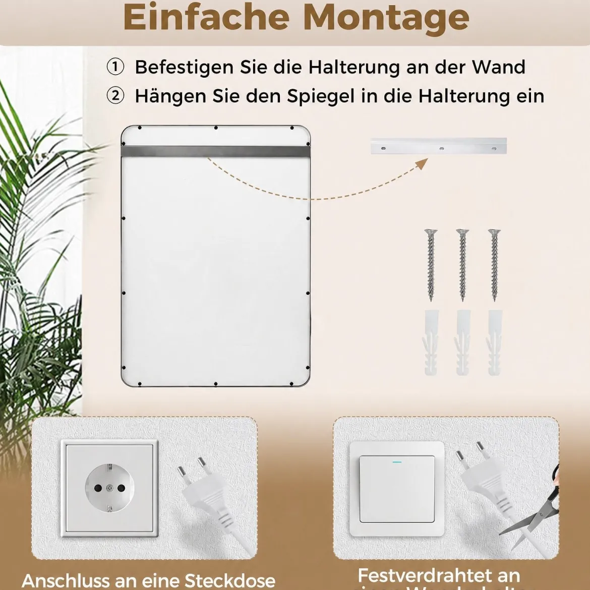 Badspiegel mit Beleuchtung LED-Spiegel mit 3 Lichtfarben & Entnebelungsfunktion 70 x 50 cm Schwarz