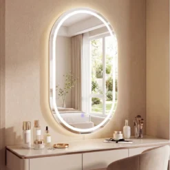 Badspiegel mit Beleuchtung 50 x 80 cm LED Badezimmerspiegel Oval Beschlagfreier Wandspiegel Silber