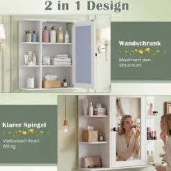 Bad Spiegelschrank mit 3 Innenablagen & 6 Offenen Fächern Badschrank mit Spiegel Weiß