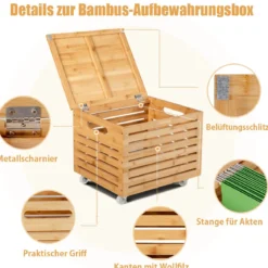 Bambus Aktenaufbewahrungsbox Aufbewahrungsbox mit 4 Rollen und Deckel Ordnungsboxen Natur