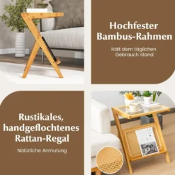 Bambus Beistelltisch mit Rattan Magazinhalter & Gehärteter Glasplatte Z-förmiger Couchtisch