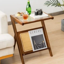 Bambus Beistelltisch mit Rattan Magazinhalter & Glasplatte Z-förmiger Couchtisch Walnuss