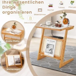 Bambus Beistelltisch mit Rattan Zeitschriftenhalter & Glasplatte Z-förmiger Couchtisch Sofatisch