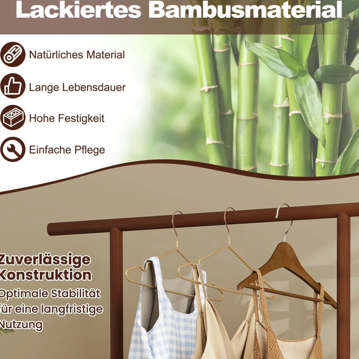 Bambus-Kleiderständer Garderobenständer mit Rattan-Aufbewahrungskorb & Rollen Braun