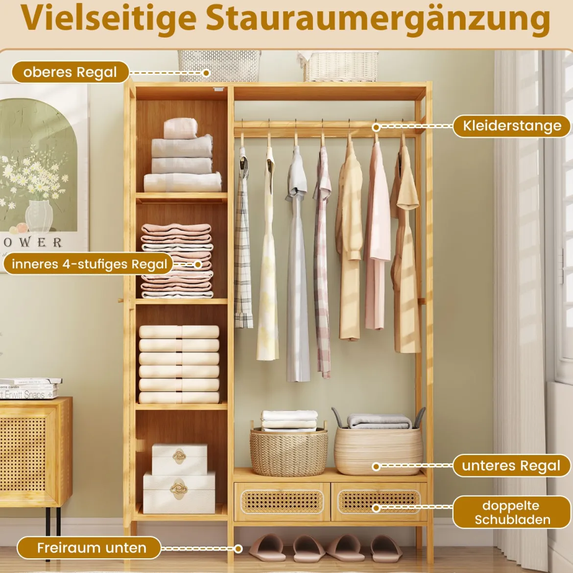 Bambus-Kleiderständer robuster Garderobenständer mit Schrank Kleiderstange Ablagefach Natur