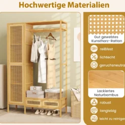 Bambus-Kleiderständer robuster Garderobenständer mit Schrank Kleiderstange Ablagefach Natur