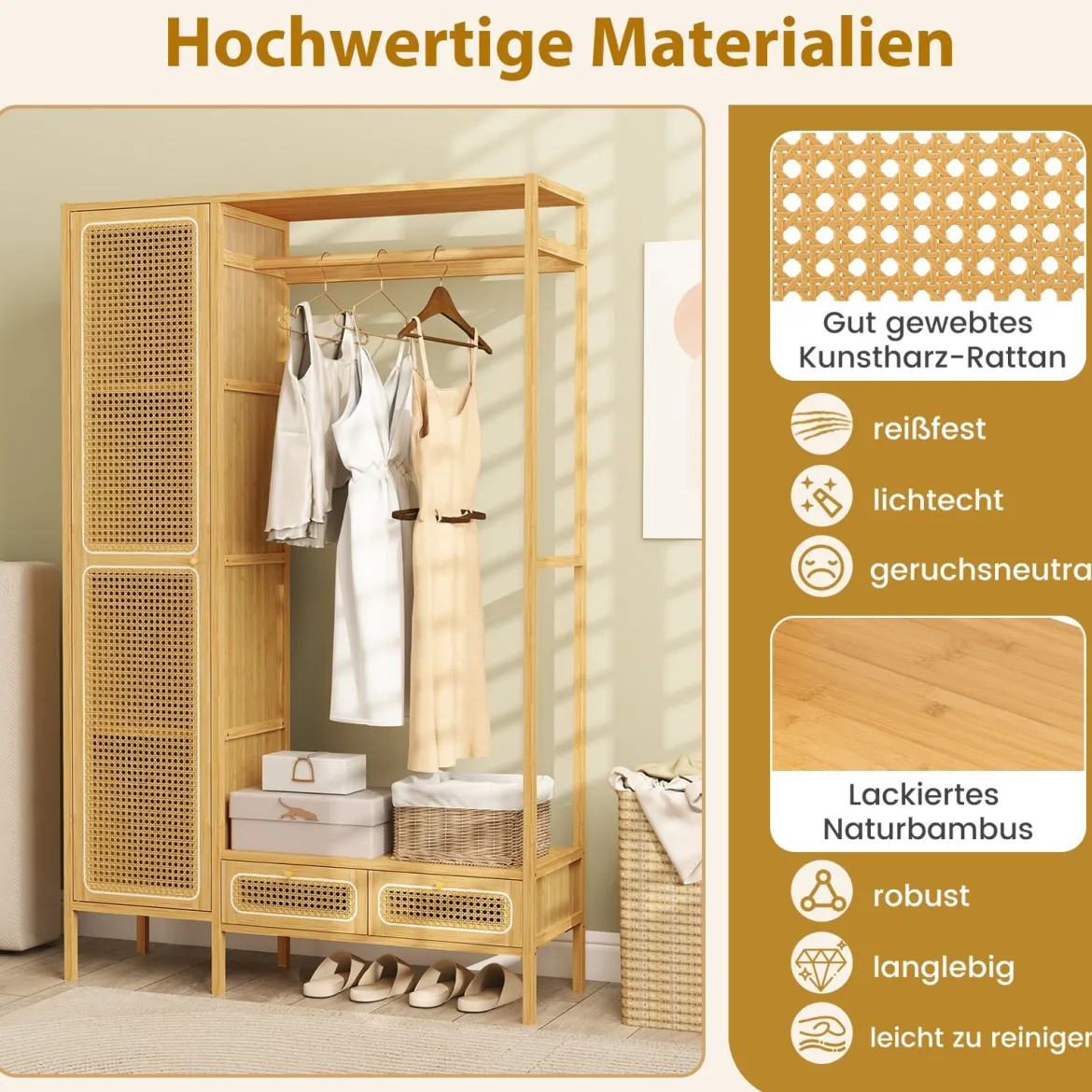 Bambus-Kleiderständer robuster Garderobenständer mit Schrank Kleiderstange Ablagefach Natur