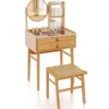 Bambus Kosmetikhocker mit Rattan-Oberfläche + Kleiner Schminktisch mit Spiegel Set Natur