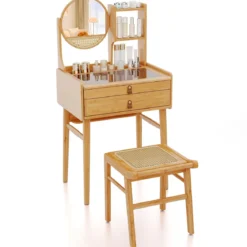 Bambus Kosmetikhocker mit Rattan-Oberfläche + Kleiner Schminktisch mit Spiegel Set Natur