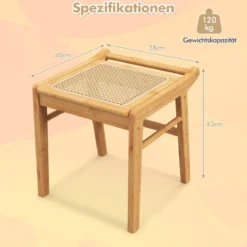 Bambus Kosmetikhocker mit Rattan-Oberfläche + Kleiner Schminktisch mit Spiegel Set Natur