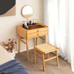 Bambus Kosmetikhocker mit Rattan-Oberfläche + Kleiner Schminktisch mit Spiegel Set Natur