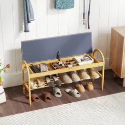 Bambus-Schuhbank Flurbank mit gepolstertem Klappdeckel verstecktem Stauraum & Schuhregal Grau
