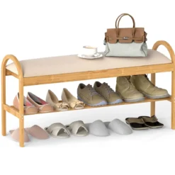 Bambus-Schuhbank Flurbank mit gepolstertem Klappdeckel verstecktem Stauraum Beige