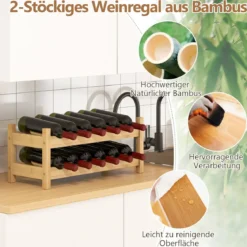 Bambus Weinregal für 12 Flaschen Flaschenregal mit 2 Etagen Flaschenhalter für Keller Natur