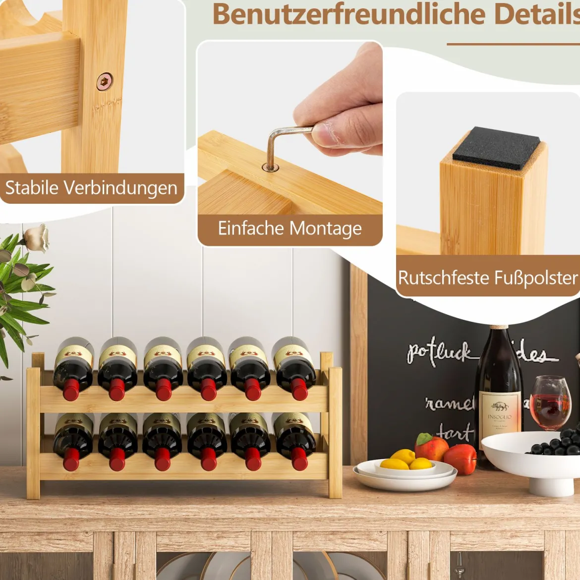 Bambus Weinregal für 12 Flaschen Flaschenregal mit 2 Etagen Flaschenhalter für Keller Natur