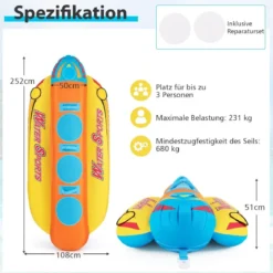 Bananenboot für 3 Personen Towable Tube mit 3 Eva-gepolsterten Sitzen und Griffen 252 x 108 x 51 cm