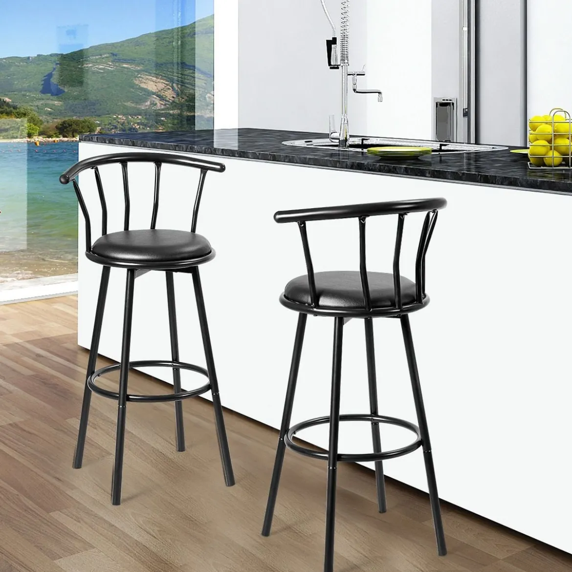 2 Barhocker 360° Drehbarer aus Stahlrohren & Dicken Schaumstoffkissen Schwarz