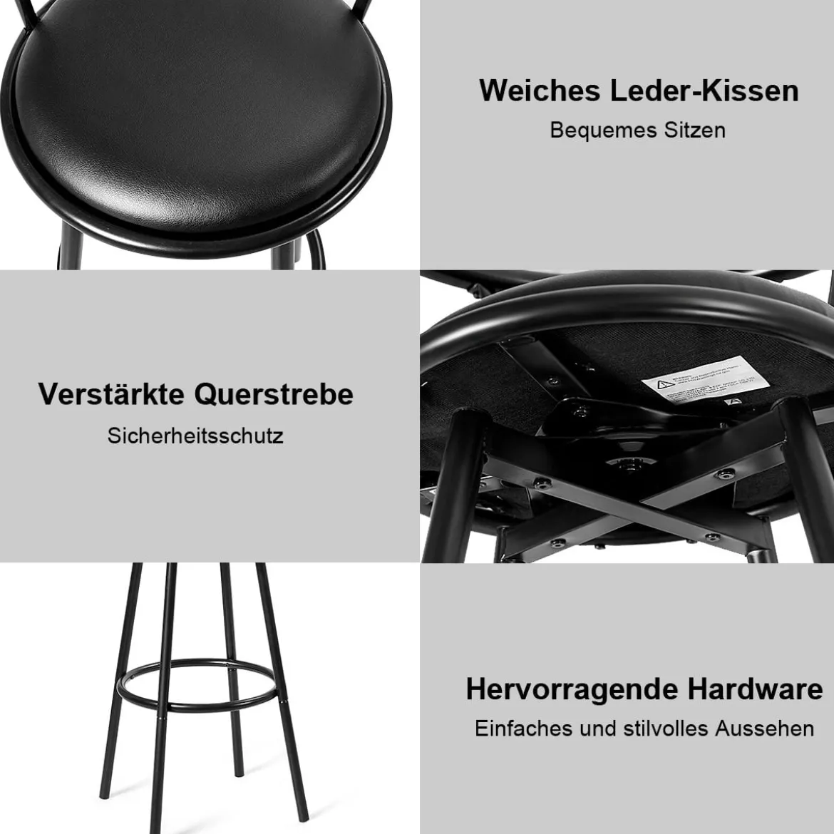 2 Barhocker 360° Drehbarer aus Stahlrohren & Dicken Schaumstoffkissen Schwarz