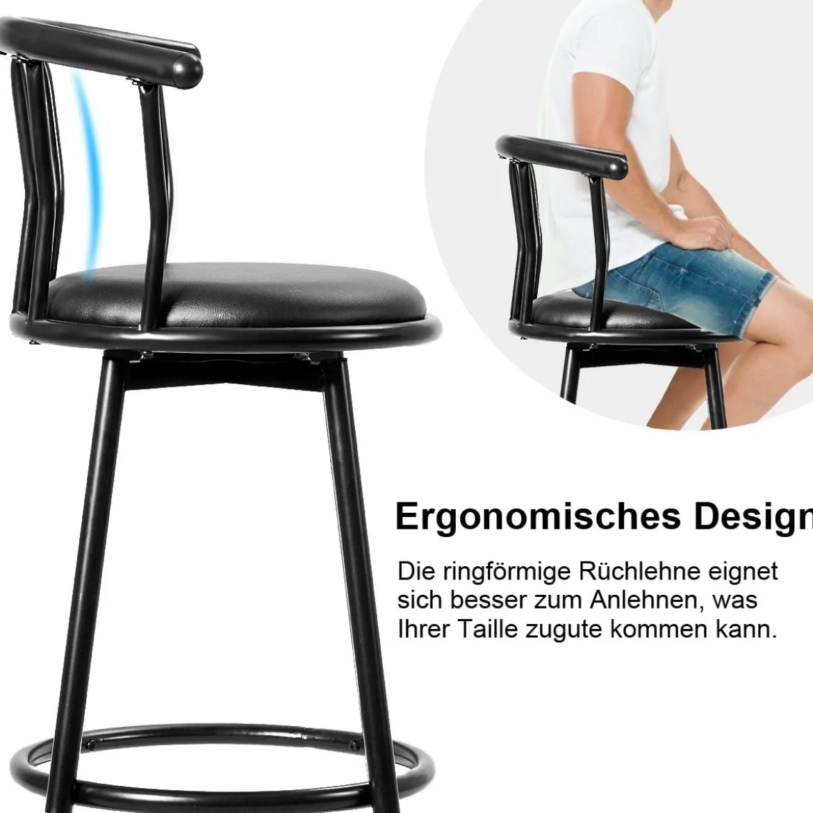2 Barhocker 360° Drehbarer aus Stahlrohren & Dicken Schaumstoffkissen Schwarz