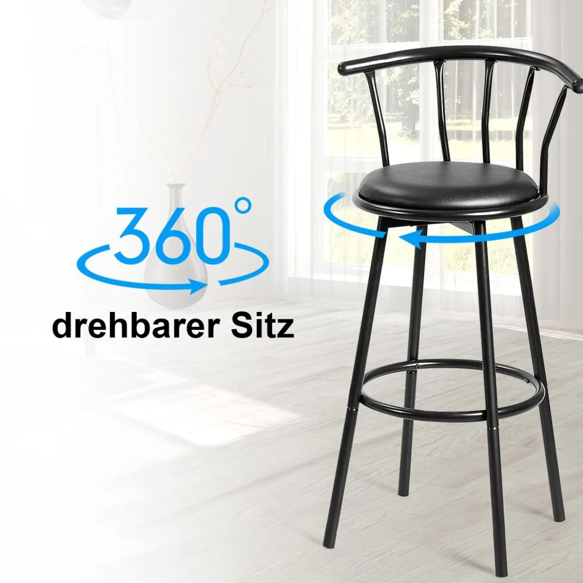 2 Barhocker 360° Drehbarer aus Stahlrohren & Dicken Schaumstoffkissen Schwarz