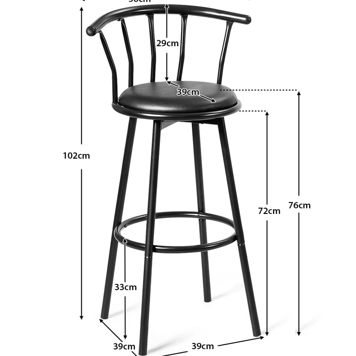 2 Barhocker 360° Drehbarer aus Stahlrohren & Dicken Schaumstoffkissen Schwarz