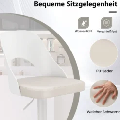 Barhocker 2er Set Barstühle 360° drehbar höhenverstellbarer Drehstuhl Küchenstühle mit Kunstledersitz & Rückenlehne Weiß