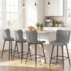 Barhocker 2er Set hoher Küchenhocker mit ergonomischer Rückenlehne gepolsterter Sitz Grau
