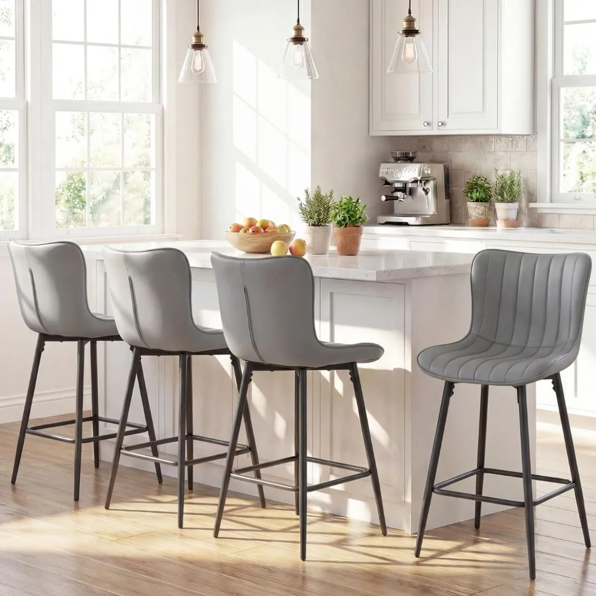 Barhocker 2er Set hoher Küchenhocker mit ergonomischer Rückenlehne gepolsterter Sitz Grau