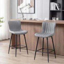Barhocker 2er Set hoher Küchenhocker mit ergonomischer Rückenlehne gepolsterter Sitz Grau