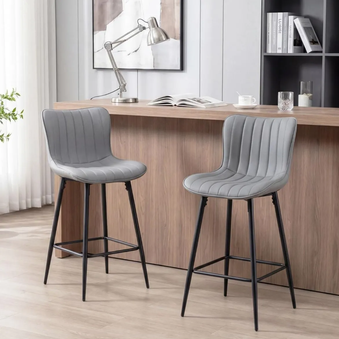 Barhocker 2er Set hoher Küchenhocker mit ergonomischer Rückenlehne gepolsterter Sitz Grau