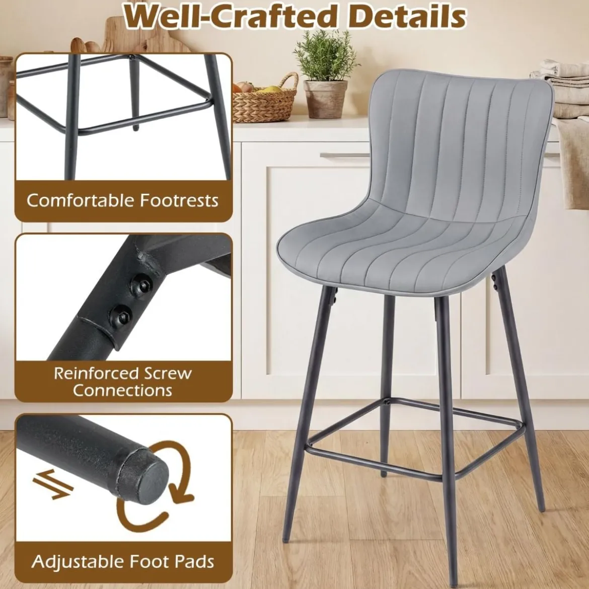 Barhocker 2er Set hoher Küchenhocker mit ergonomischer Rückenlehne gepolsterter Sitz Grau