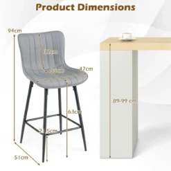 Barhocker 2er Set hoher Küchenhocker mit ergonomischer Rückenlehne gepolsterter Sitz Grau