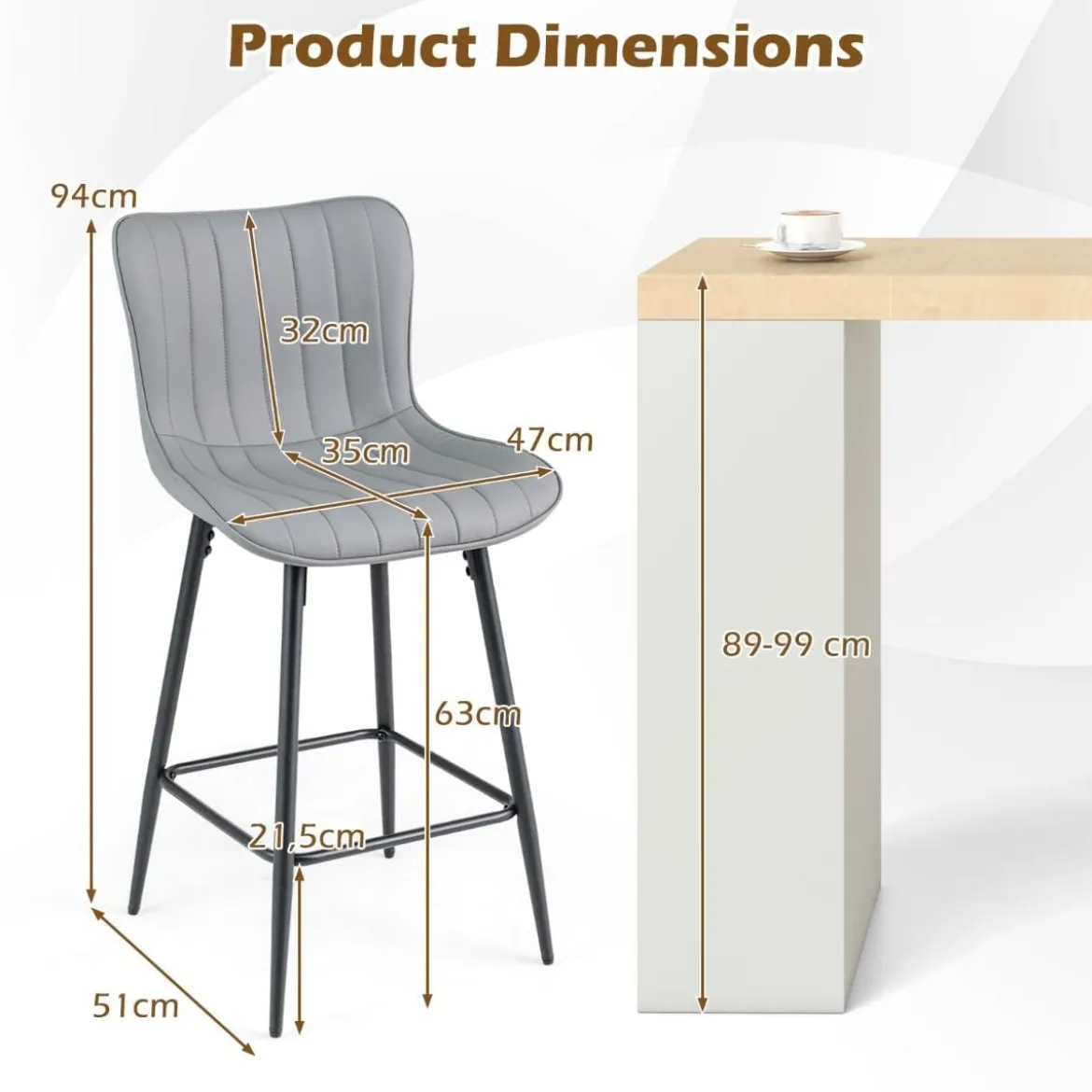 Barhocker 2er Set hoher Küchenhocker mit ergonomischer Rückenlehne gepolsterter Sitz Grau