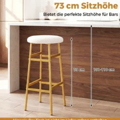 Barhocker 2er Set Runder Barstuhl aus Leinen mit Fußstütze Küchenstuhl mit Metallrahmen Weiß
