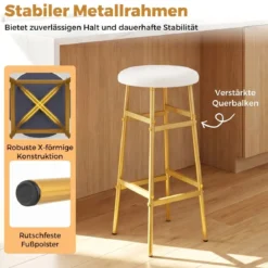 Barhocker 2er Set Runder Barstuhl aus Leinen mit Fußstütze Küchenstuhl mit Metallrahmen Weiß