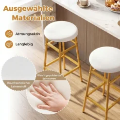 Barhocker 2er Set Runder Barstuhl aus Leinen mit Fußstütze Küchenstuhl mit Metallrahmen Weiß