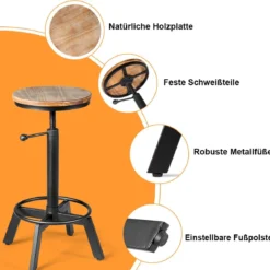 Barhocker höhenverstellbar Barstuhl aus Holz und Metall Tresenhocker mit Fußstütze Bistrohocker