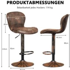 Barhocker im 2er-Set Armloser Frühstücksstuhl mit Fußstütze 44 x 47 x 87–108 cm