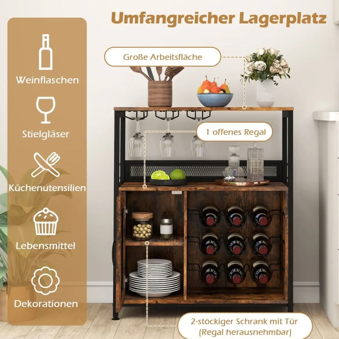 Barschrank freistehender Weinschrank mit herausnehmbarem Weinregal & Glashalter Weinbarschrank Rustikales Braun