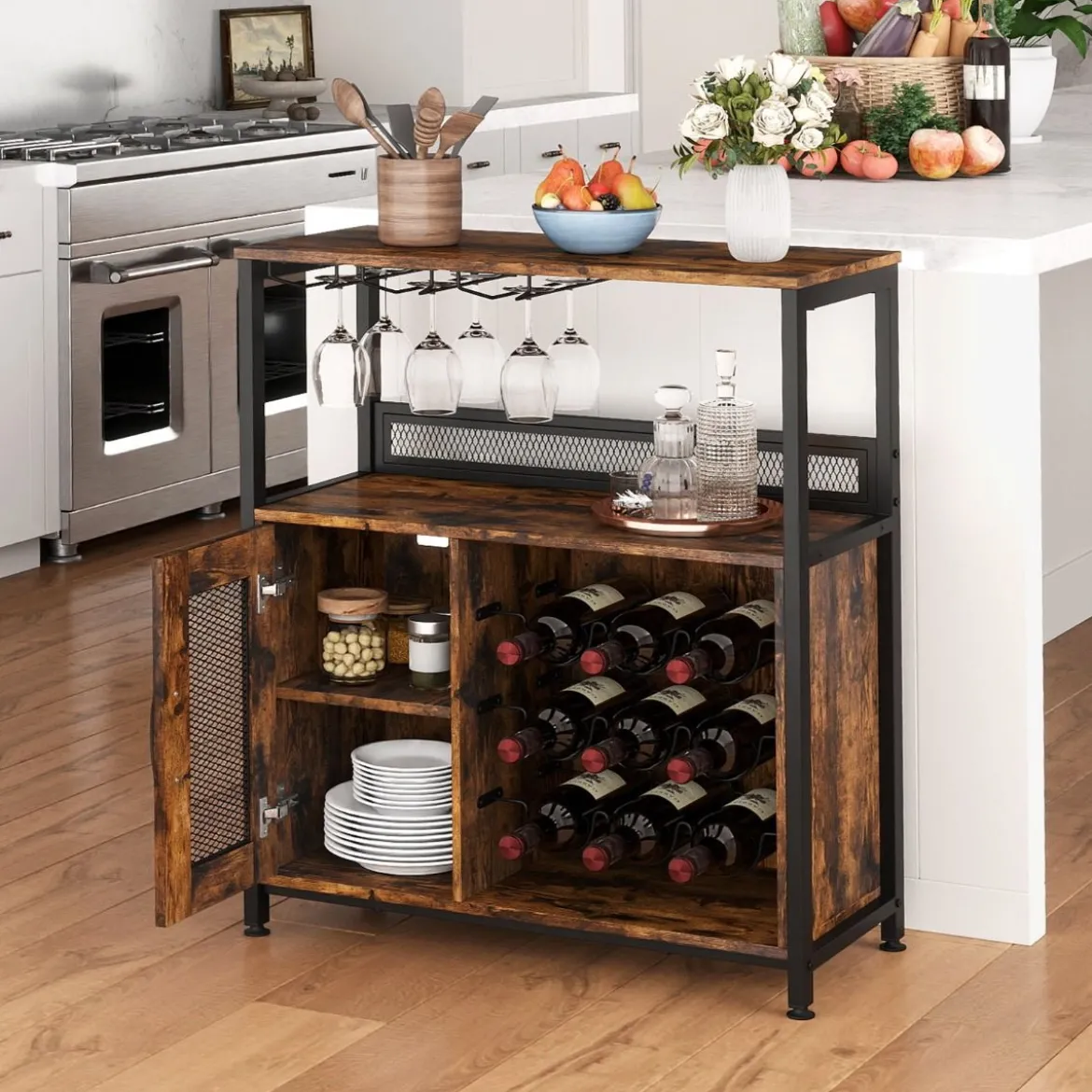 Barschrank freistehender Weinschrank mit herausnehmbarem Weinregal & Glashalter Weinbarschrank Rustikales Braun