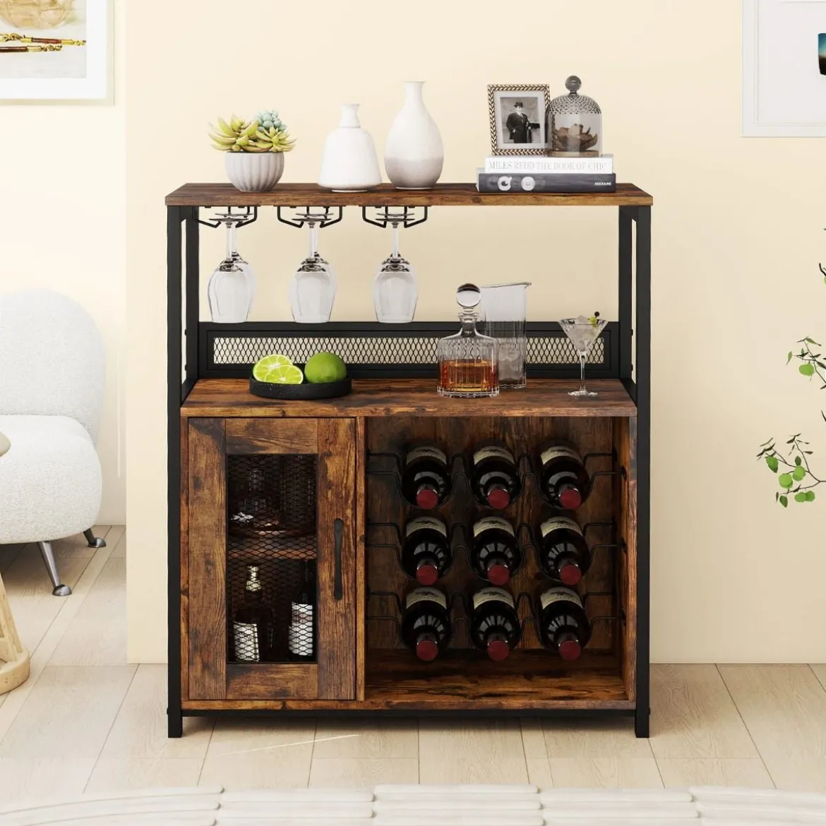 Barschrank freistehender Weinschrank mit herausnehmbarem Weinregal & Glashalter Weinbarschrank Rustikales Braun