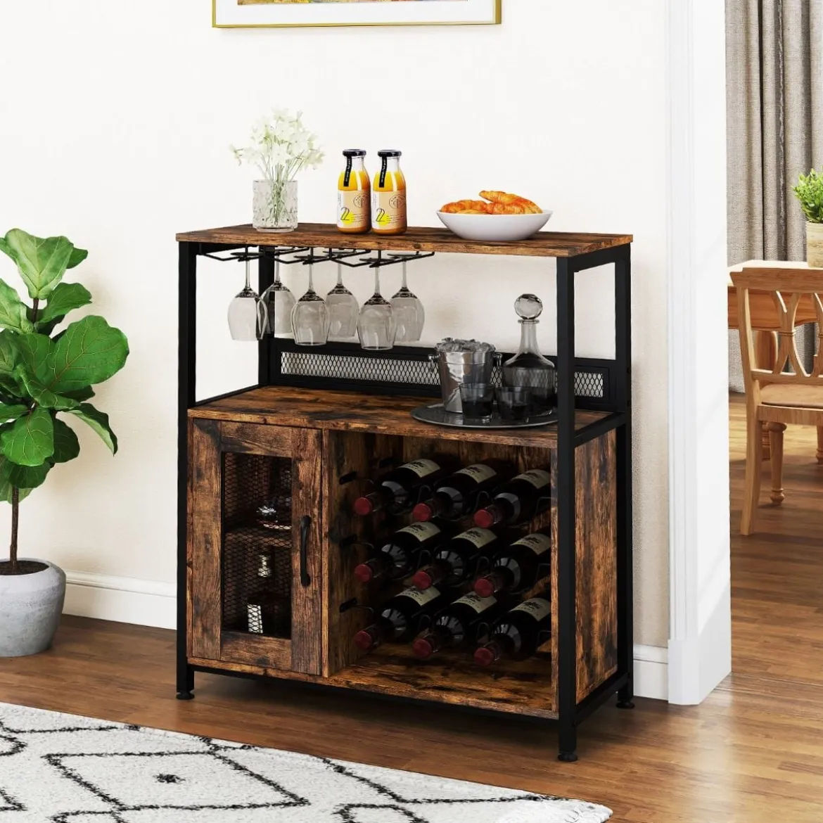 Barschrank freistehender Weinschrank mit herausnehmbarem Weinregal & Glashalter Weinbarschrank Rustikales Braun