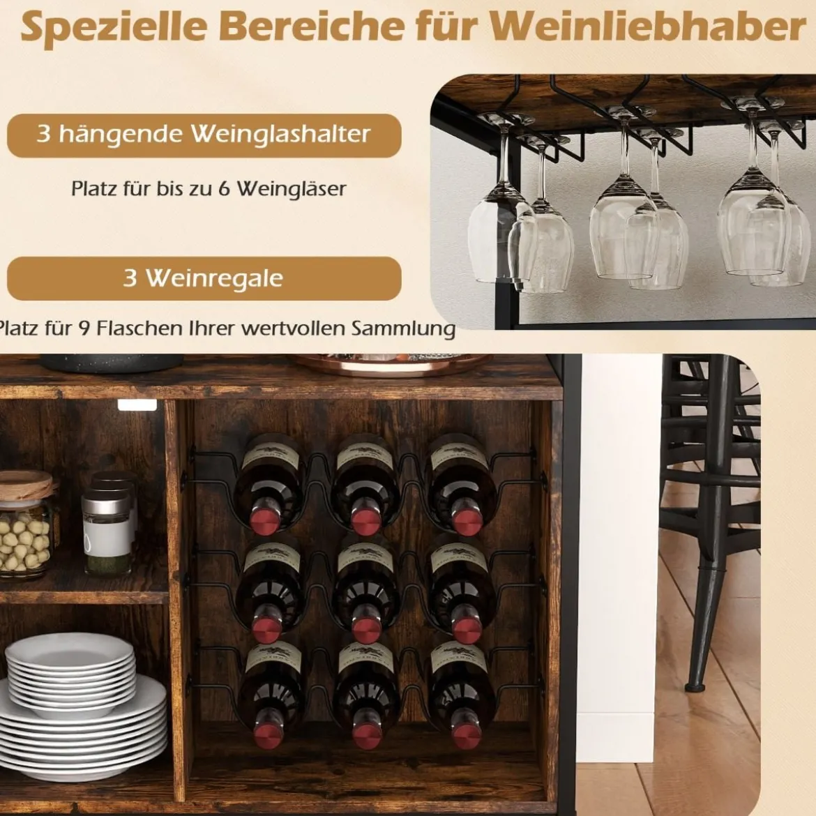 Barschrank freistehender Weinschrank mit herausnehmbarem Weinregal & Glashalter Weinbarschrank Rustikales Braun
