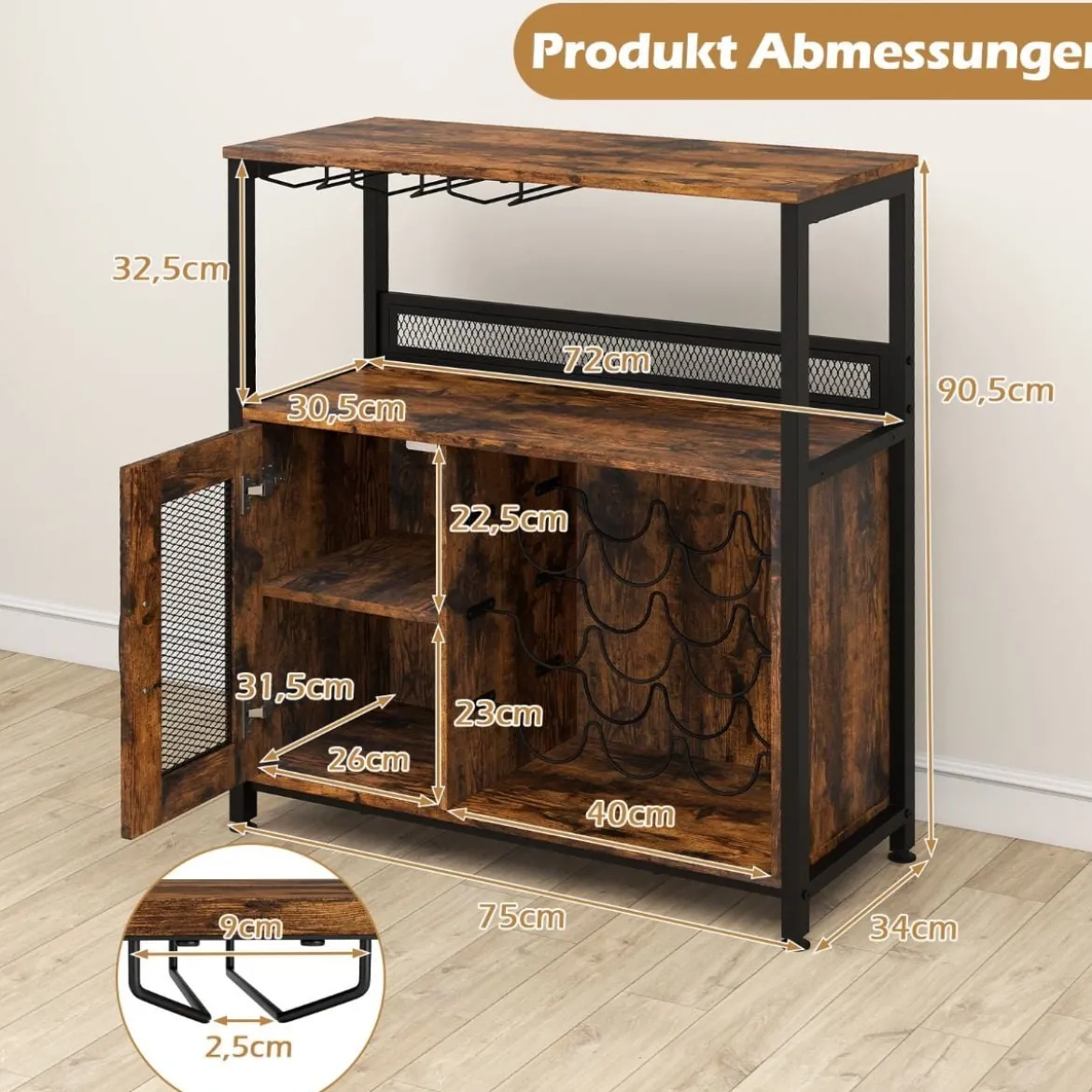 Barschrank freistehender Weinschrank mit herausnehmbarem Weinregal & Glashalter Weinbarschrank Rustikales Braun